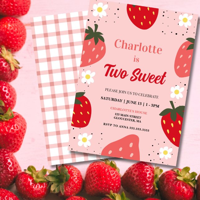 Invitación Fresa Dos Dulces Fiesta de Cumpleaños (Two Sweet Strawberry Birthday Invitation — Berry Cute 2nd Birthday Invite!)