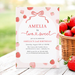 Invitación Fresa Dos Dulces Segundo Cumpleaños Chica Bow