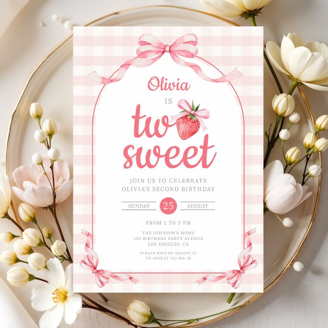 Invitación Fresa Dos Niña Dulce 2do Cumpleaños (Strawberry Two Sweet Girl 2nd Birthday Invitation)