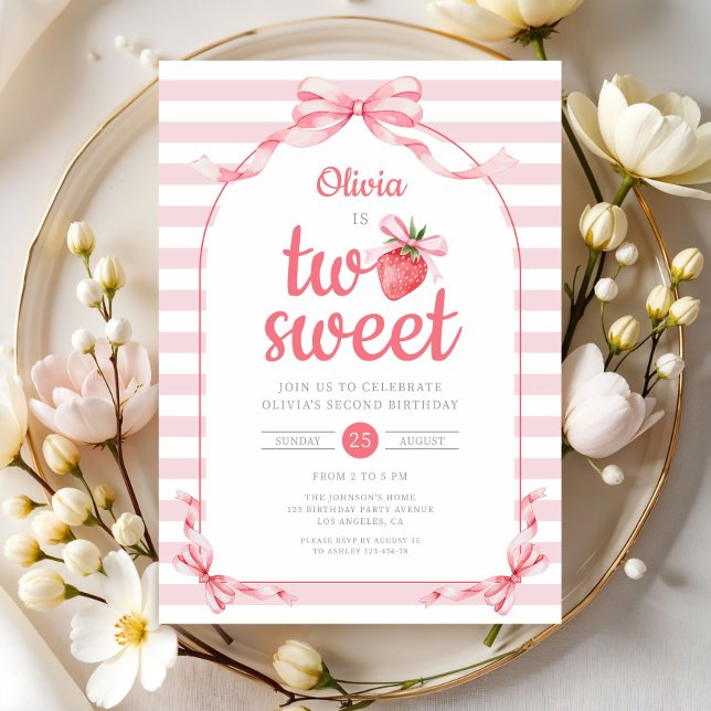 Invitación Fresa Dos Niña Dulce Segundo Cumpleaños (Strawberry Two Sweet Girl 2nd Birthday Invitation)