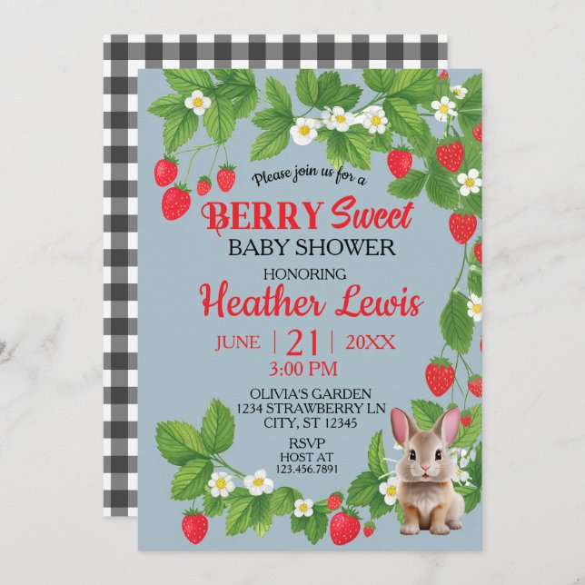 Invitación Fresa dulce Bunny Baby Shower (rojo y azul) (Anverso / Reverso)