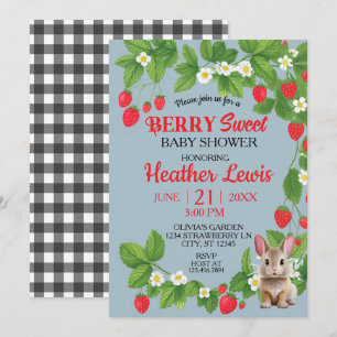 Invitación Fresa dulce Bunny Baby Shower (rojo y azul)