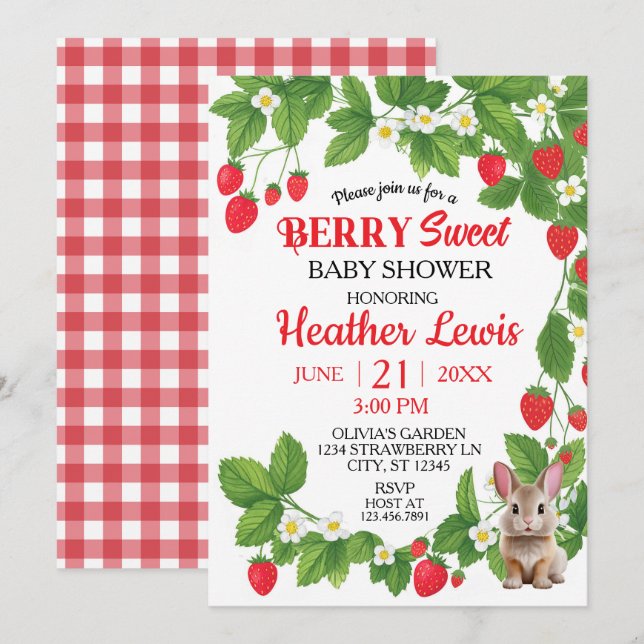 Invitación Fresa dulce Bunny Baby Shower (rojo y blanco) (Anverso / Reverso)