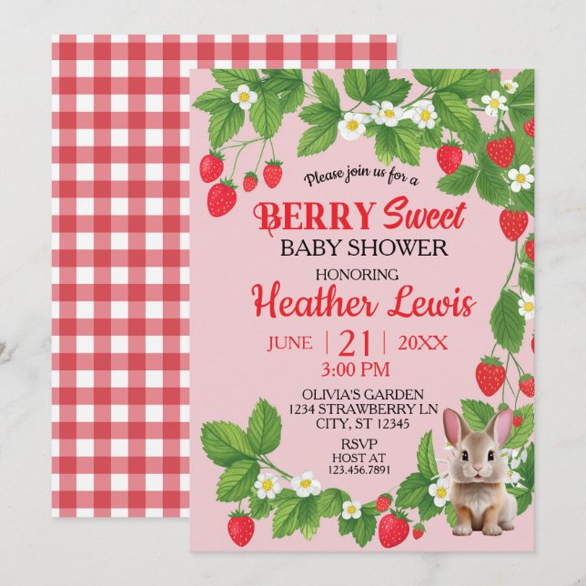 Invitación Fresa dulce Bunny Baby Shower (Rojo y Rosa) (Anverso / Reverso)