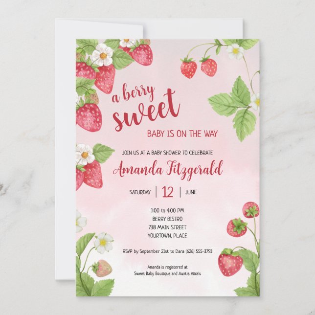 Invitación Fresa dulce color de agua Baby Shower (Anverso)