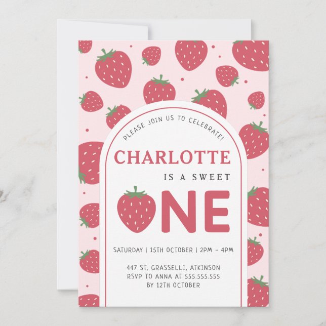 Invitación Fresa dulce lindo Fiesta de primer cumpleaños Rosa (Anverso)