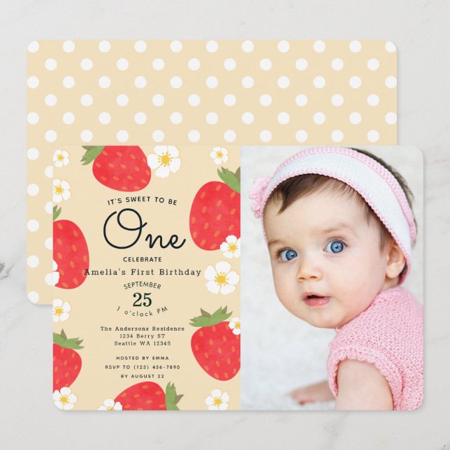 Invitación Fresa dulce para ser foto de primer cumpleaños (Anverso / Reverso)
