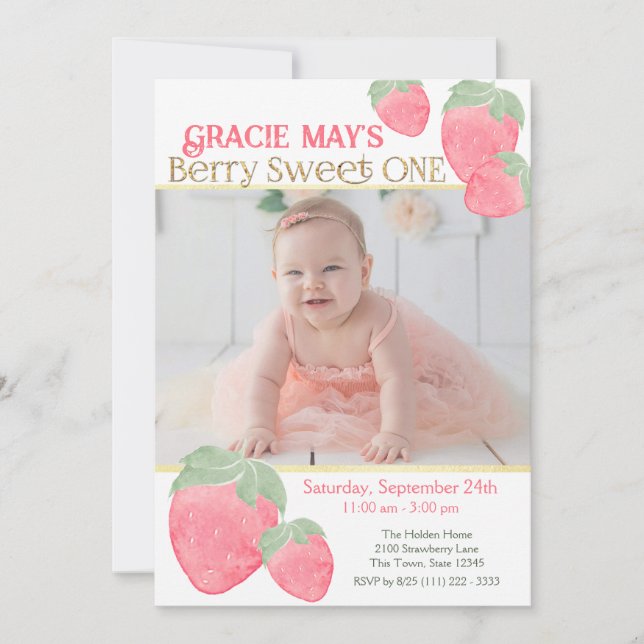 Invitación Fresa dulce, primer cumpleaños con foto (Anverso)