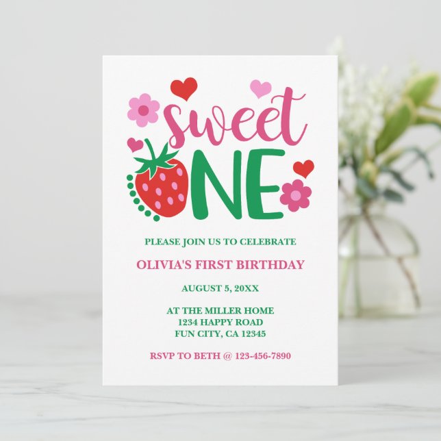 Invitación Fresa dulce rojo primer cumpleaños (Anverso de pie)