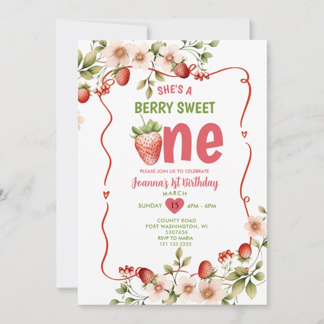 Invitación Fresa Dulce Rojo Un Berry Primer Cumpleaños (Anverso)