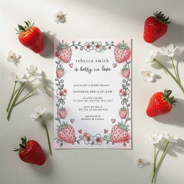 Invitación Fresa enamorada ducha de novia de fresa (Berry in Love Strawberry Bridal Shower Invitation)