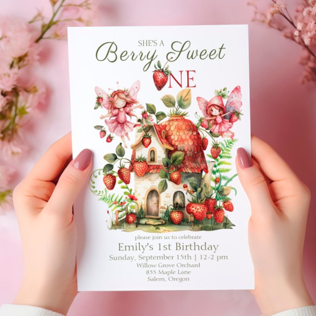 Invitación Fresa Fairy Berry Sweet Chicas Primer Cumpleaños (Subido por el creador)