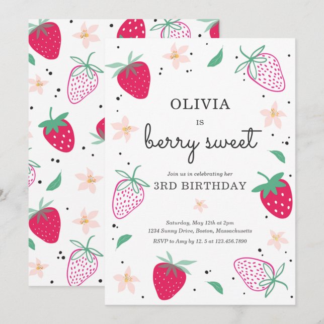 Invitación Fresa Fiesta Berry Sweet Strawberry Cumpleaños (Anverso / Reverso)