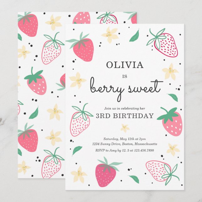 Invitación Fresa Fiesta Berry Sweet Strawberry Cumpleaños (Anverso / Reverso)