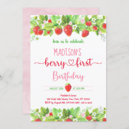 Invitación Fresa Floral Rosa Berry Primer cumpleaños