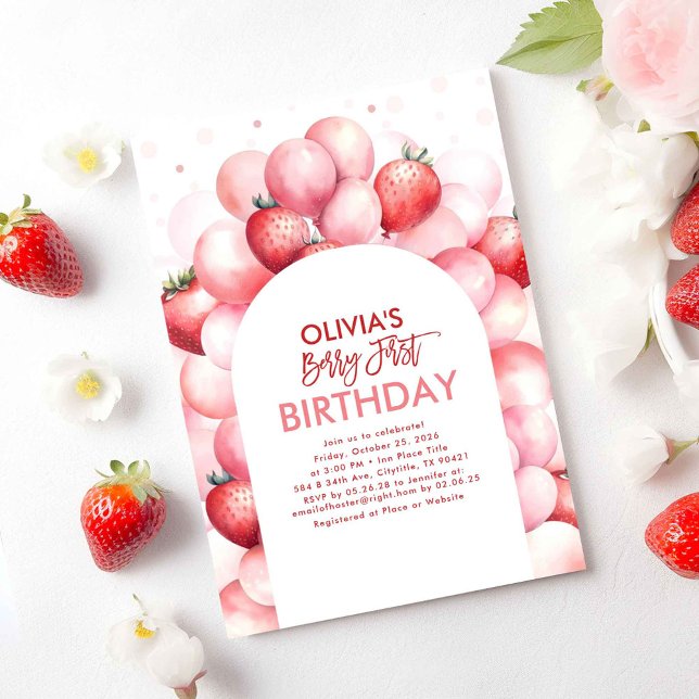 Invitación Fresa Globos Berry Primer primer cumpleaños (Strawberry First Birthday Invitations)