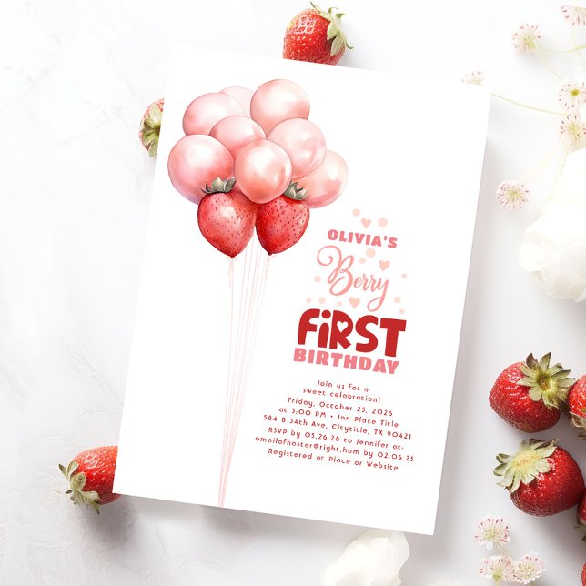 Invitación Fresa Globos Berry Primeros Chicas Cumpleaños (Berry First Birthday Invitations - Strawberry Themed)