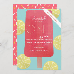 Invitación Fresa Lemonade Popsicle Virtual 1er cumpleaños