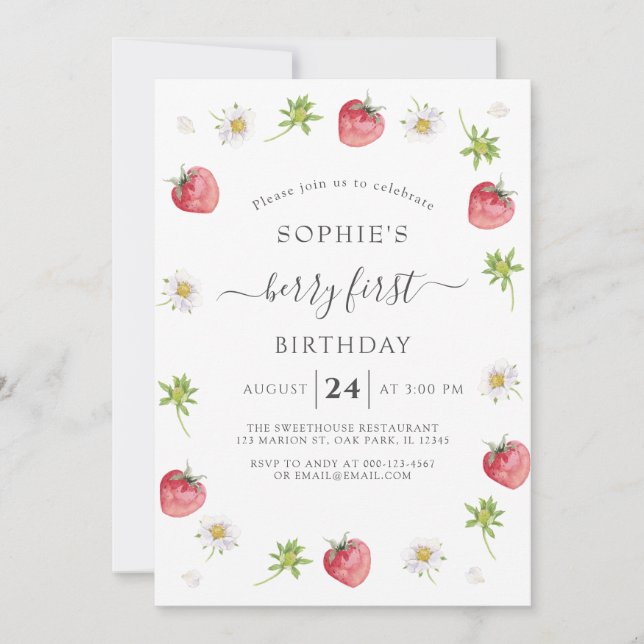 Invitación Fresa moderna dulce Berry primer cumpleaños (Anverso)