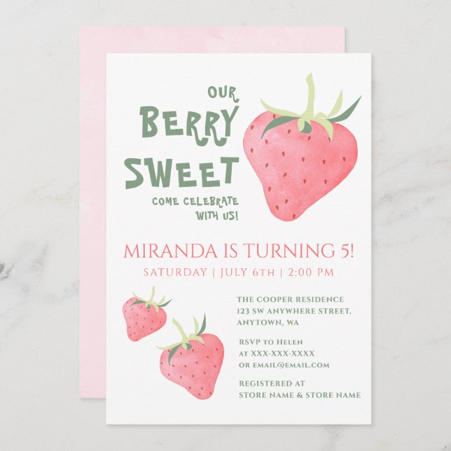 Invitación Fresa nuestra fiesta de cumpleaños BERRY SWEET (Anverso / Reverso)