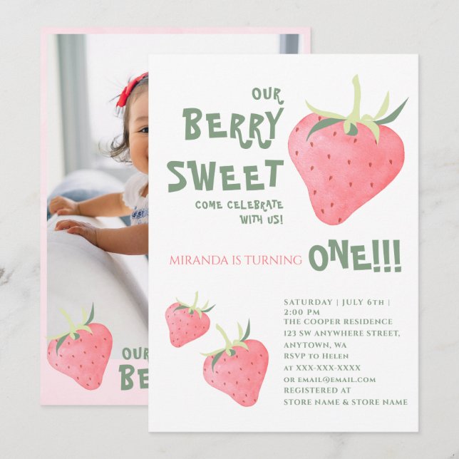 Invitación Fresa NUESTRO BERRY SWEET Primer cumpleaños (Anverso / Reverso)