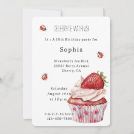 Invitación Fresa Pastel de Muffin Ladybugs Cumpleaños