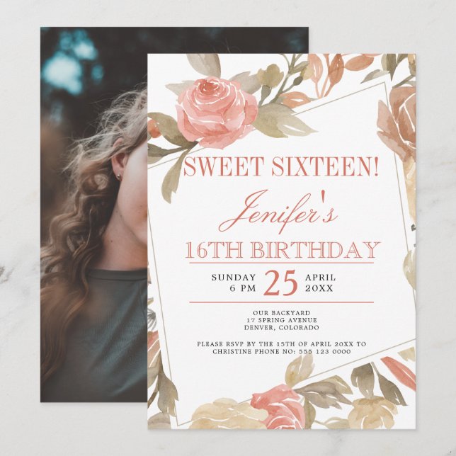 Invitación Fresa Polvo Melocotón Crema Floral Dulces Dieciséi (Anverso / Reverso)