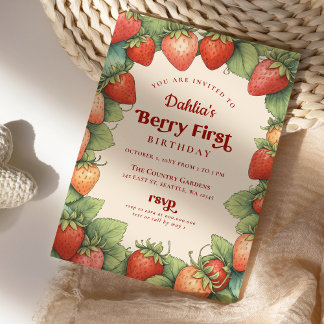 Invitación Fresa primer cumpleaños Berry primer cumpleaños