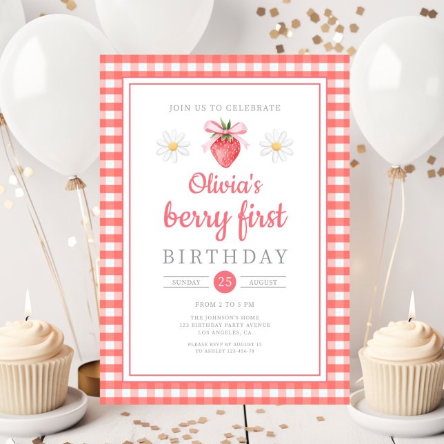Invitación Fresa primer cumpleaños Berry primer cumpleaños (Strawberry 1st Birthday Berry First Birthday Invitation)