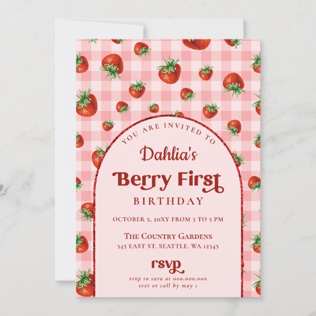Invitación Fresa primer cumpleaños Berry primera foto (Anverso)