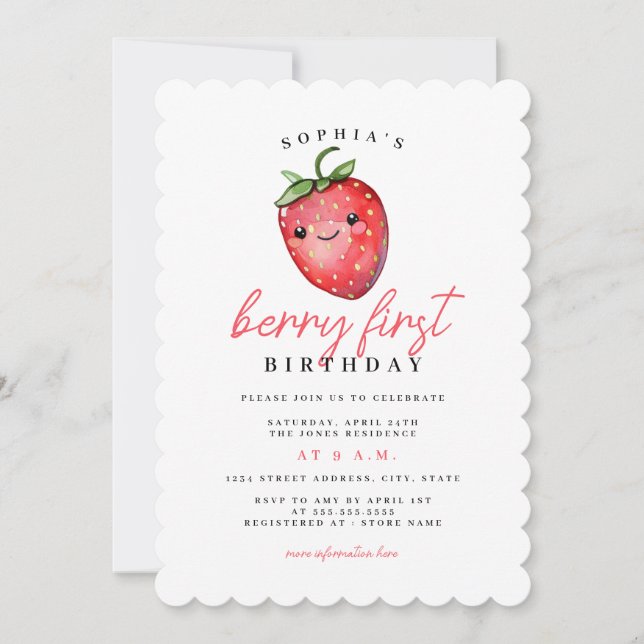 Invitación Fresa primer cumpleaños Berry primero (Anverso)