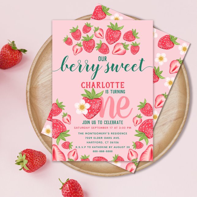 Invitación Fresa primer cumpleaños Fiesta Berry dulce rosa (Subido por el creador)