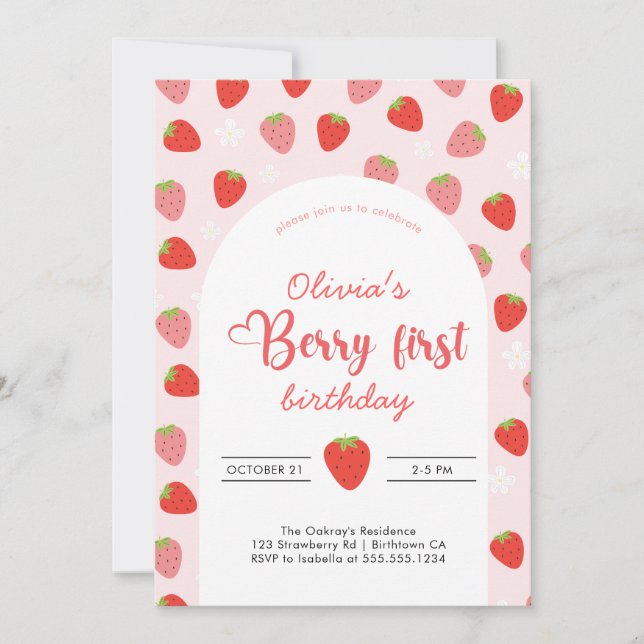 Invitación Fresa primer cumpleaños Fiesta Berry primer cumple (Anverso)