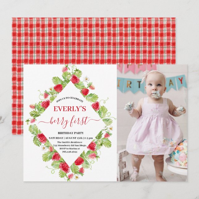 Invitación Fresa primer cumpleaños Fiesta Berry primera foto (Anverso / Reverso)