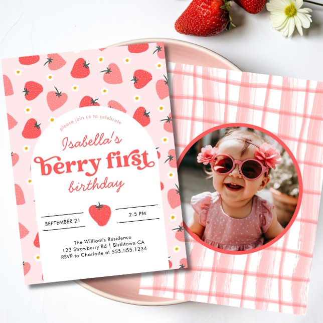 Invitación Fresa primer cumpleaños Fiesta Berry primera foto (Subido por el creador)
