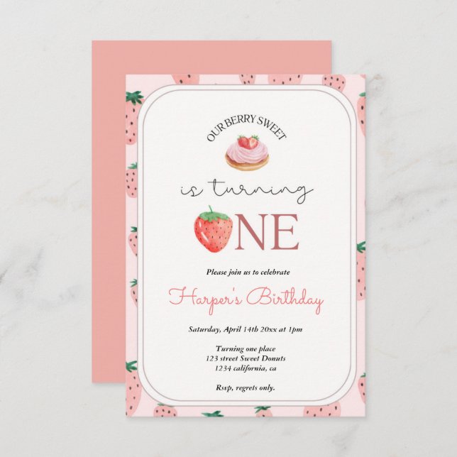 Invitación Fresa primer cumpleaños Fiesta Berry primero (Anverso / Reverso)