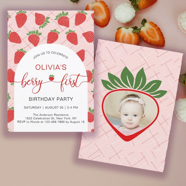 Invitación Fresa primer cumpleaños Fiesta Berry primero (Strawberry 1st Birthday Party Berry First Invitation)