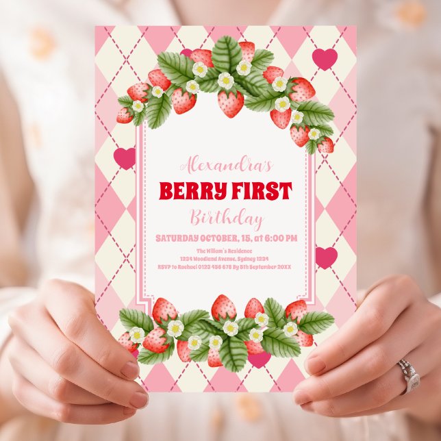 Invitación Fresa primer cumpleaños Fiesta Berry primero (Subido por el creador)
