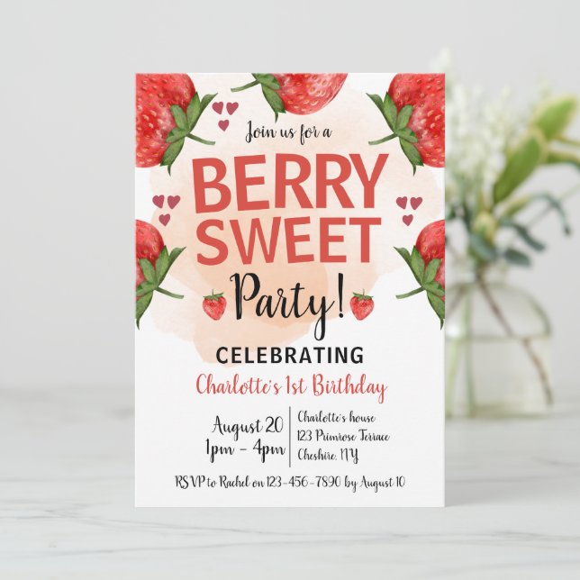 Invitación Fresa primer cumpleaños Fiesta Berry Sweet (Anverso de pie)