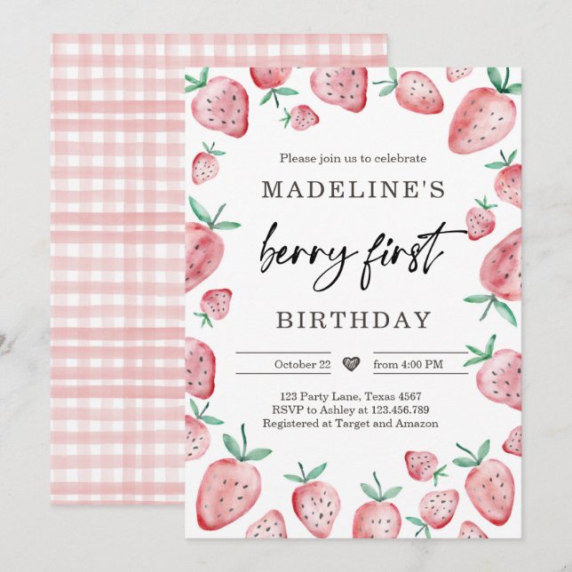 Invitación Fresa primer cumpleaños Invitar primer dulce de Be (Anverso / Reverso)