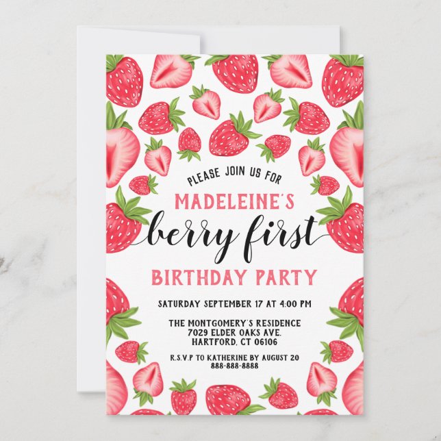 Invitación Fresa Primer Fiesta de cumpleaños Berry Primer Per (Anverso)