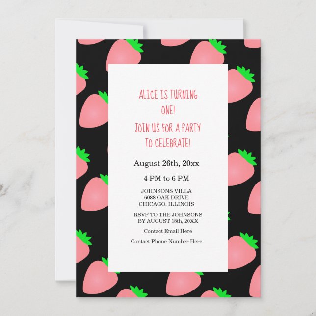 Invitación Fresa Primer Verano Primer Cumpleaños Niña (Anverso)