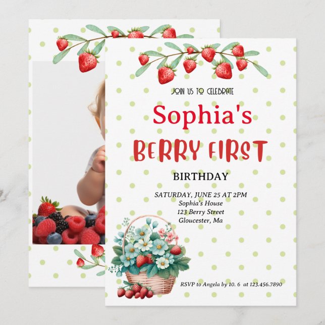 Invitación Fresa Primera Fiesta de Cumpleaños Berry Primera F (Anverso / Reverso)