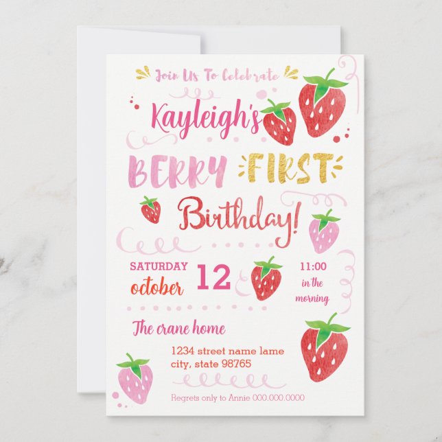 Invitación Fresa Primera Fiesta de Cumpleaños Berry Watercolo (Anverso)