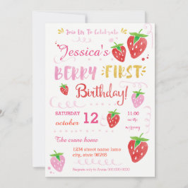 Invitación Fresa Primera Fiesta de Cumpleaños Berry Watercolo
