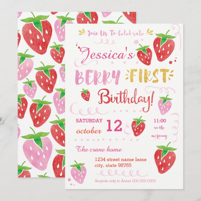 Invitación Fresa Primera Fiesta de Cumpleaños Berry Watercolo (Anverso / Reverso)