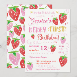Invitación Fresa Primera Fiesta de Cumpleaños Berry Watercolo