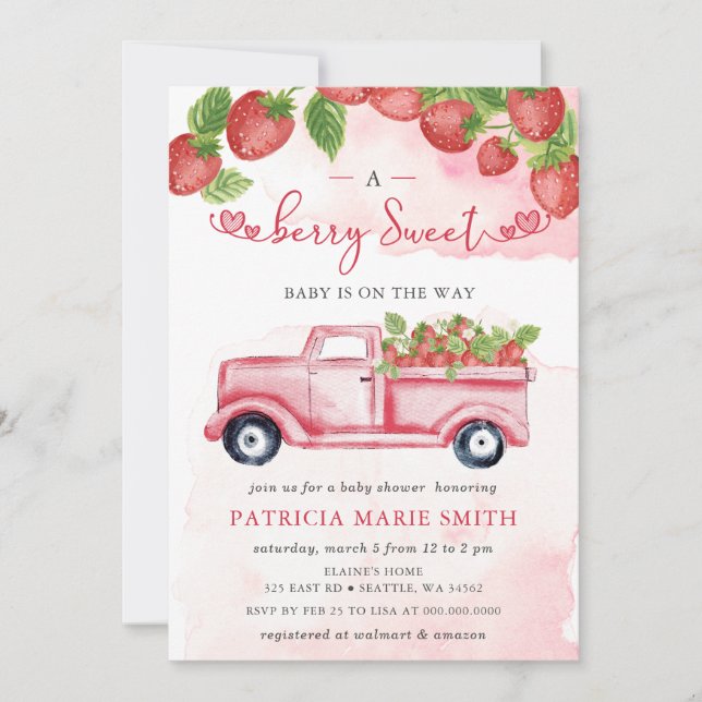 Invitación Fresa Rosa Berry Red Berry Sweet Baby Shower (Anverso)
