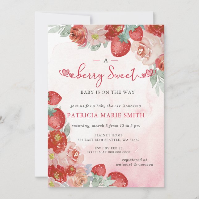 Invitación Fresa Rosa Berry Red Berry Sweet Baby Shower (Anverso)