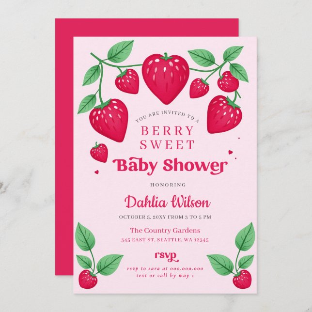 Invitación Fresa Rosa Berry Red Berry Sweet Baby Shower (Anverso / Reverso)